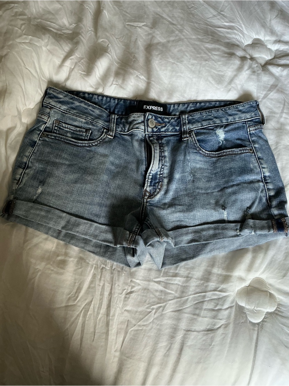Express Distressed Light Blue Denim Cutoff Shorts